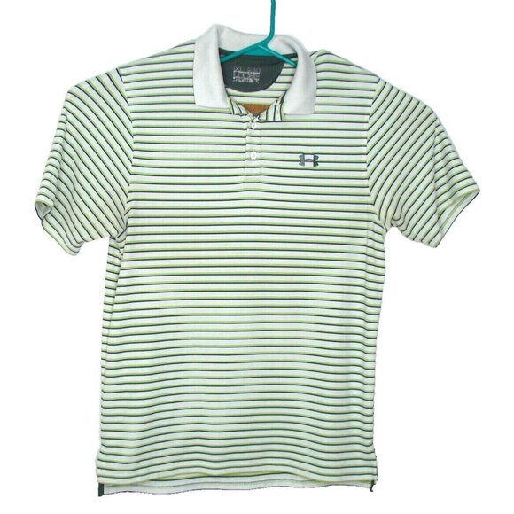 Under Armour Mens Golf Polo Shirt Athletic Medium Green Blue Striped Heat Gear - Picture 1 of 12